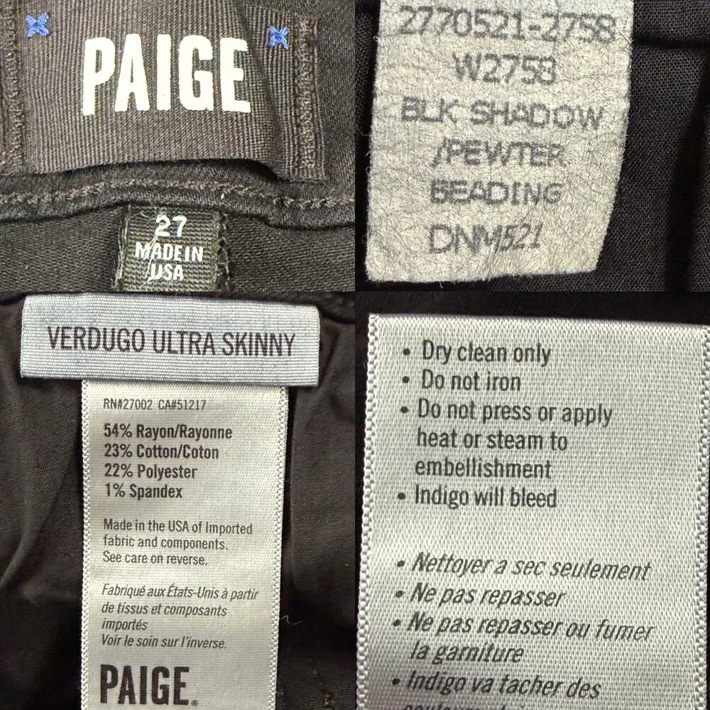 Paige Verdugo Ultra Skinny Tuxedo Side Beading Jeans size 27 Black/Pewter